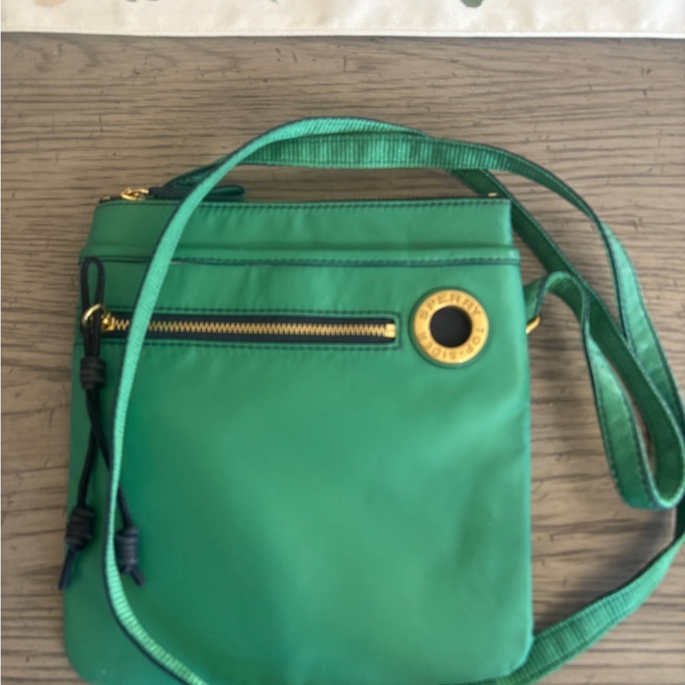 Sperry Emerald Green Crossbody Bag with Gold Hardware Trimmed in Navy Blue